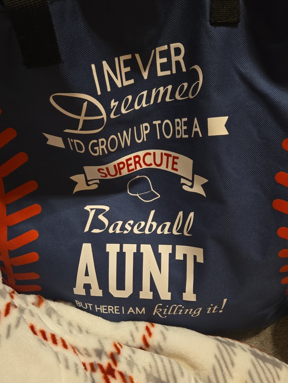 Baseball Aunt Tote Bag and Tumbler Set - Navy and Red With Blanket - Picture 2 of 3